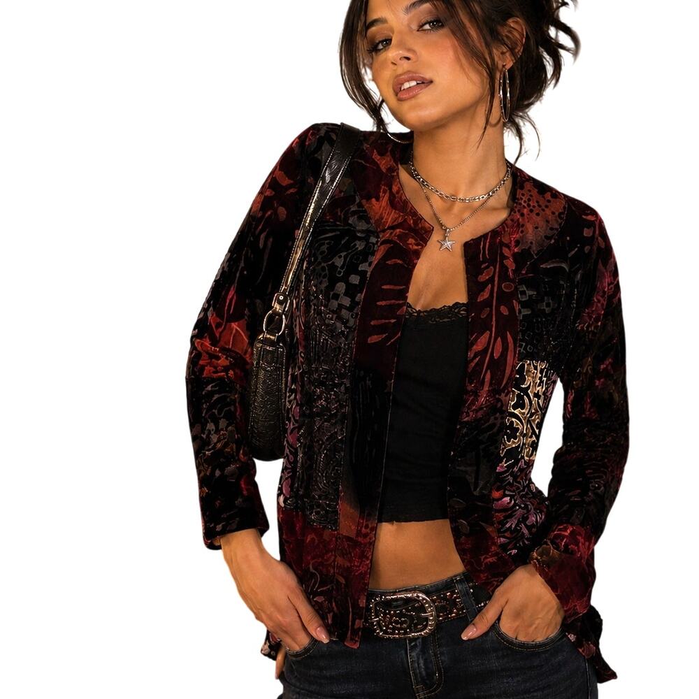 Laura Ashley Velvet Burnout Patchwork Jacket Topper Womens Large Silk Blend Boho